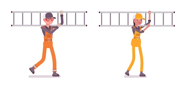 Sada mužských a ženských pracovníka s žebříkem, nosí světlé celkově — Stockový vektor
