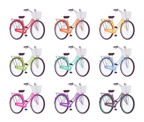 Ensemble de bicyclettes féminines en différentes couleurs — Image vectorielle