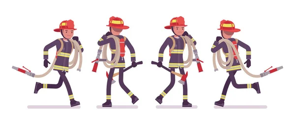 年轻的男性消防队员用软管运行 — 图库矢量图片