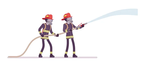 Young male firefighters with water hose — Stock Vector