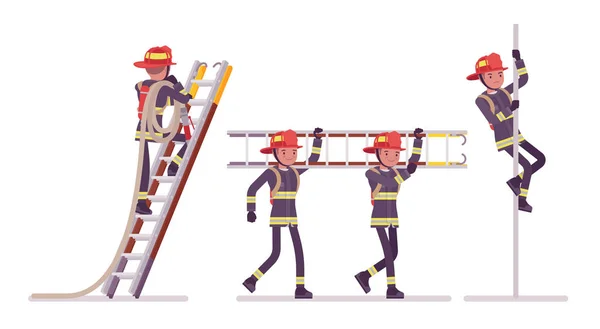 年轻男性消防员在梯子和杆 — 图库矢量图片