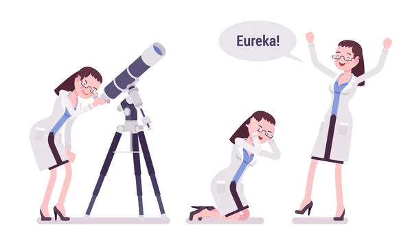 Cientista feminina feliz com o resultado eureka —  Vetores de Stock