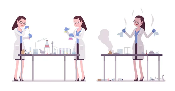 Femme scientifique faisant des expériences chimiques — Image vectorielle