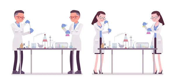 Scientifique mâle et femelle dans des expériences chimiques — Image vectorielle