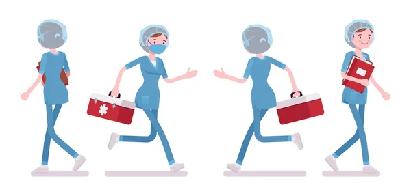Женщина-медсестра ходит и бегает — стоковый вектор