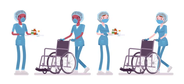 男性、女性看護師医療処置を行う、車椅子を押す — ストックベクタ