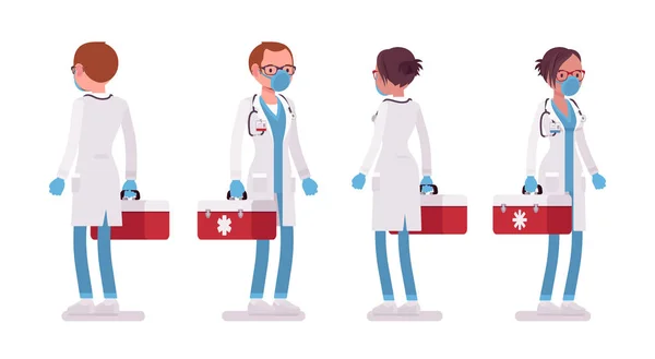Médico masculino e feminino em pé com caixa vermelha —  Vetores de Stock