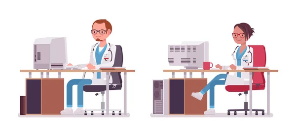 Medico maschio e femmina che lavora alla scrivania con il computer . — Vettoriale Stock