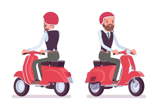 Beau employé de bureau masculin chevauchant un scooter rouge — Image vectorielle