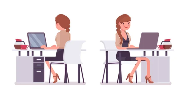 Jolie employée de bureau assise au bureau — Image vectorielle