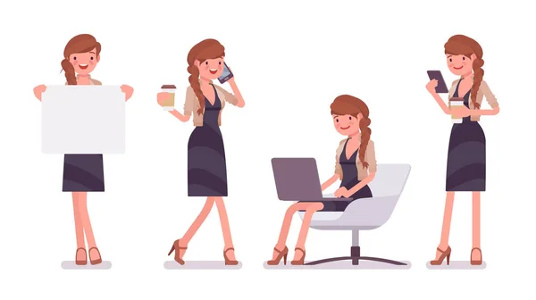 Ganska kvinnliga office medarbetare sitter på stol, arbetar — Stock vektor