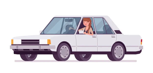 Досить жіночий офіс співробітник їде на білому автомобілі — стоковий вектор