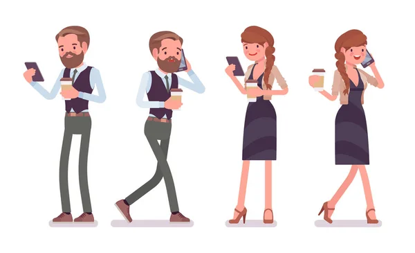 携帯電話、コーヒーでハンサムな男性とはかなり女性のオフィス従業員 — ストックベクタ