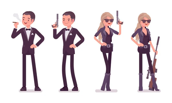 Secret agent gentleman, lady spy of intelligence service with gun — Stock Vector