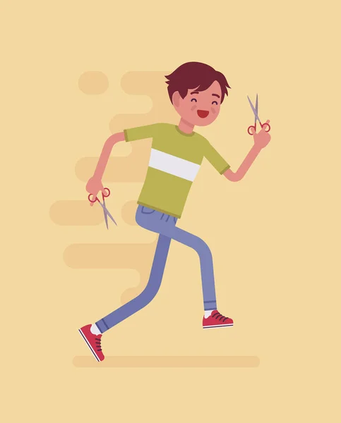 Niño corriendo con tijeras — Vector de stock