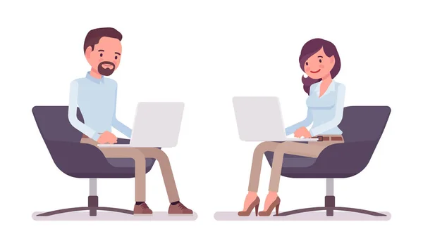 Smart casual man and woman sitting with laptop — Stock Vector