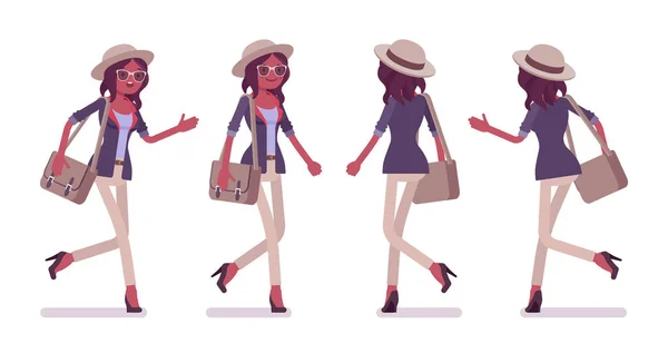 Black attractive smart casual woman wearing hat, glasses walking, running. — Stock Vector