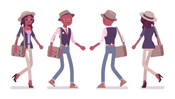 インテリジェント スマート カジュアルな黒人と歩いて魅力的な女性 — ストックベクタ