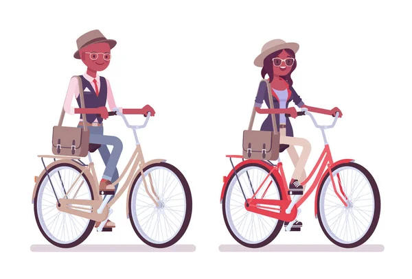 Schwarzer intelligenter, lässiger Mann und attraktive Frau beim Fahrradfahren — Stockvektor