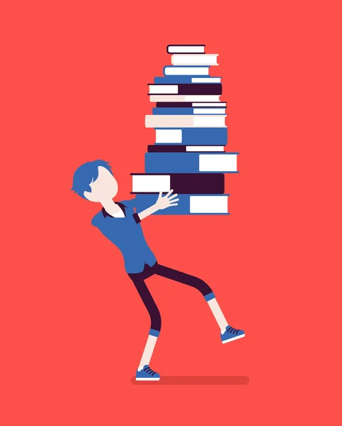 Boy holding a pile of books — Stock Vector