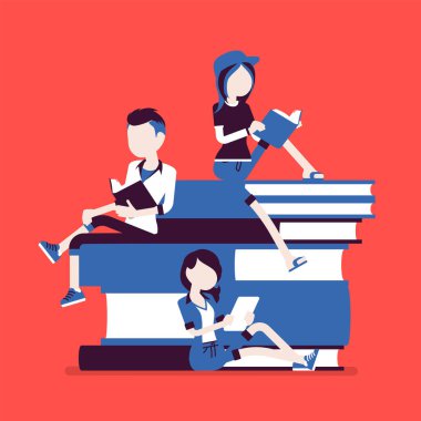 Öğrenciler kitap yığın üzerinde