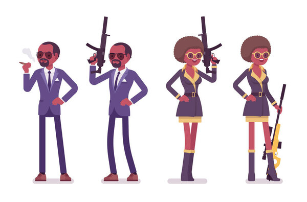 Секретный агент черный мужчина и женщина, шпионы с арсеналом
