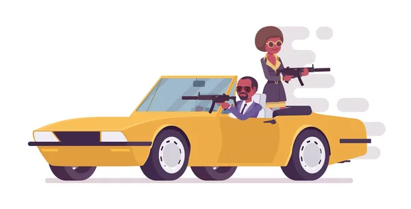 Secret agent black man and woman, spies chasing on sport car — Stock Vector