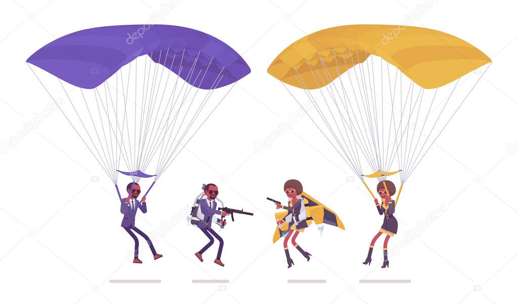 Secret agent black man and woman, spies on parachute
