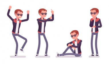 Genç adam olumsuz duygular. Üzgün beyaz bin yıllık çocuk yuvarlak düğmeli yaka ve sıska uygun kot pantolon, gençlik kentsel moda trendy deri ceket giyiyor. Vektör düz stil karikatür çizim