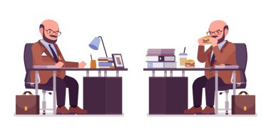 Koca göbekli şişko adam masada oturuyor.