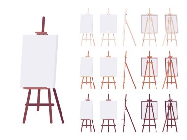 Wooden easel stand set with empty white canvas clipart