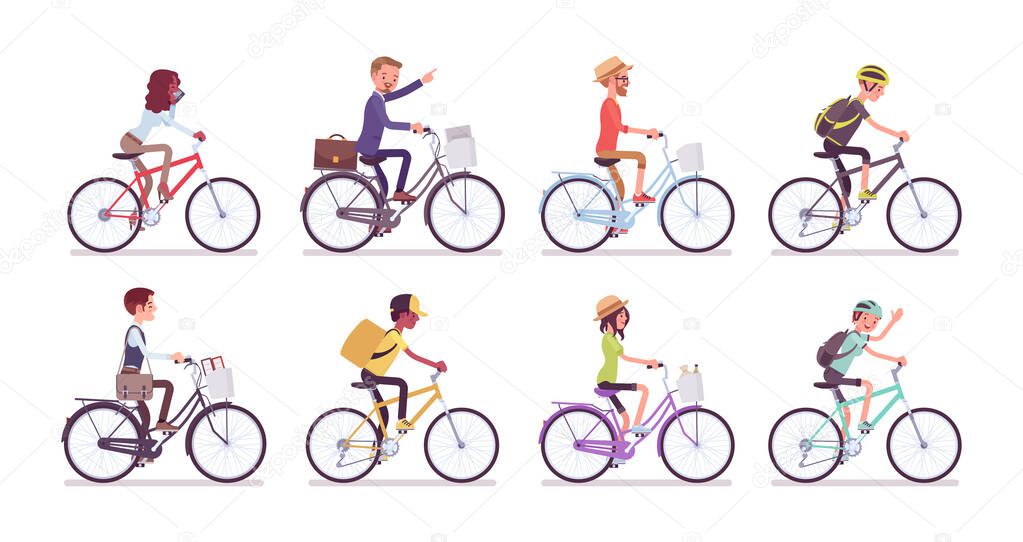 Cyclists and bicycles set