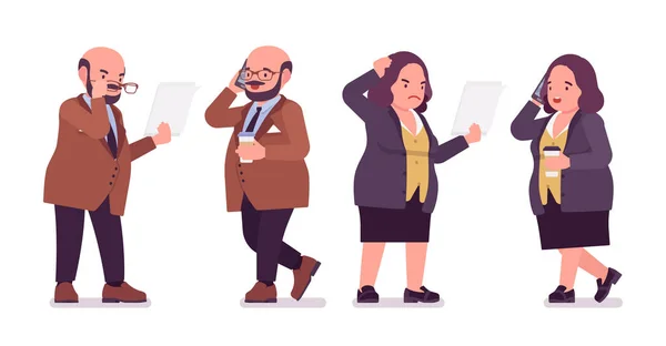 Chubby lourd homme et curvy femme occupé à la paperasserie — Image vectorielle