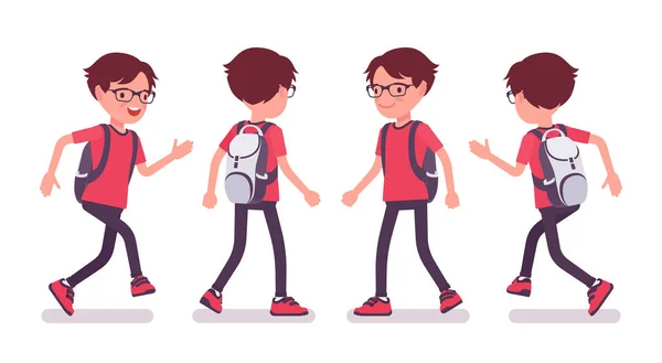 Školák v neformálním oblečení chůzi a běh — Stockový vektor