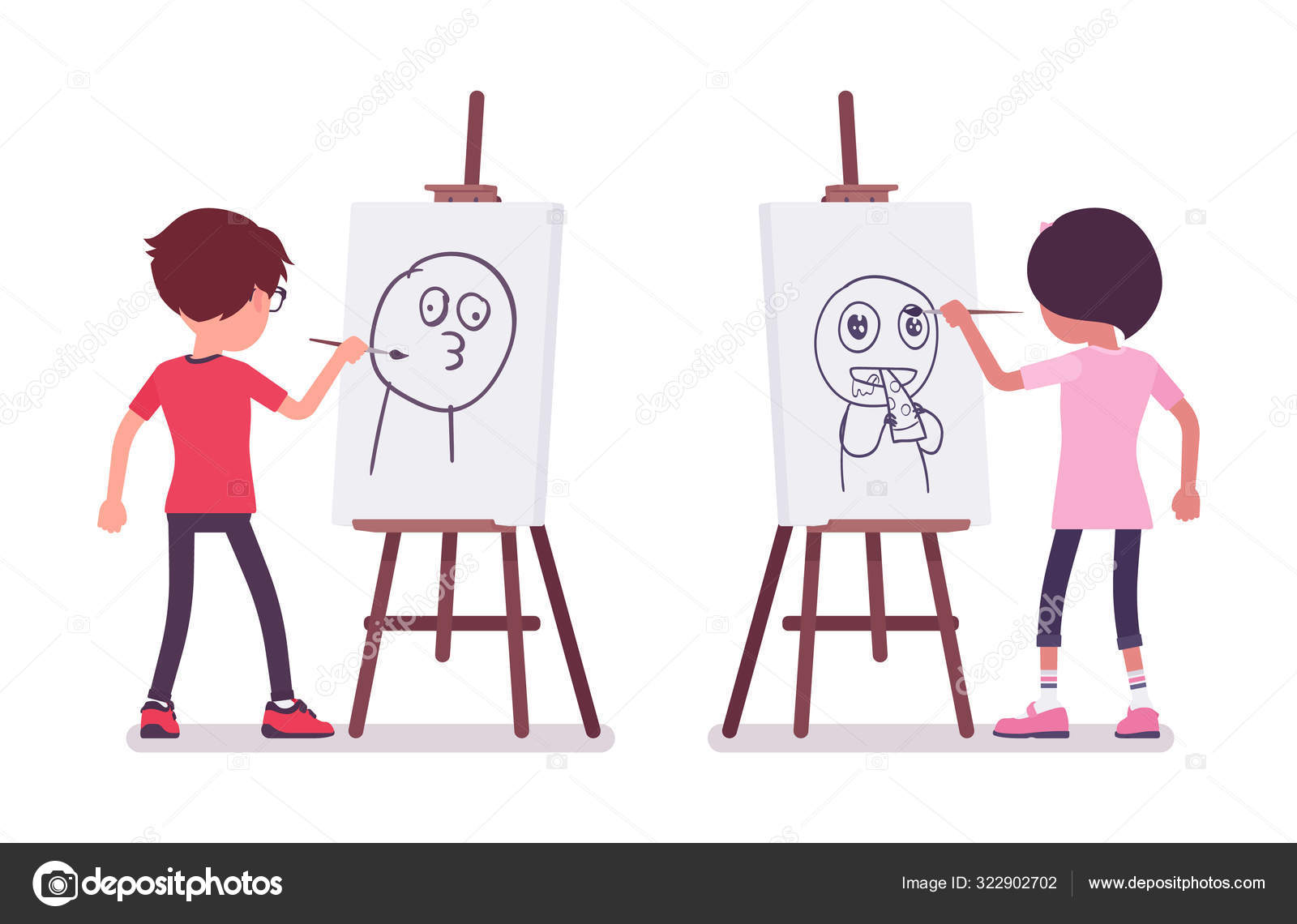 School Boy Girl Drawing Funny Picture At The Artist Easel Vector Image By C Andrew Rybalko Vector Stock