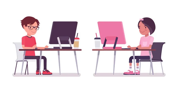 Школьник, девушка, сидящая за столом, работает с компьютером — стоковый вектор