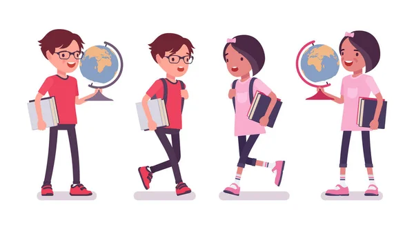 Шкільний хлопчик, дівчинка з глобусом і книжки для освіти — стоковий вектор