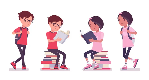 Školák, holka sedící na hromadě knih, čti — Stockový vektor