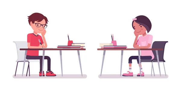 School boy, girl sitting at desk busy with study — Stock Vector