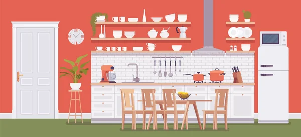 キッチンルーム明るい赤のインテリア — ストックベクタ