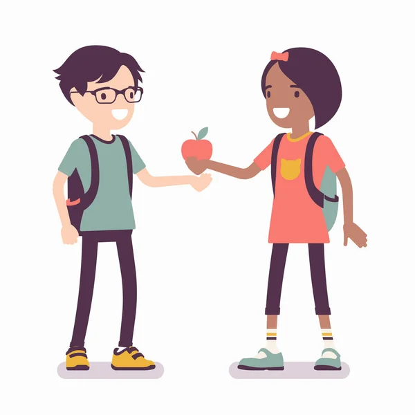 Dziewczyna dzieląc jabłko z przyjacielem chłopca — Wektor stockowy