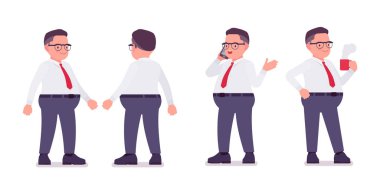 Elinde telefon, elinde kupa olan şişman bir katip.