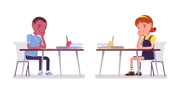 Scuola ragazzo e ragazza a scrivania occupato con studio — Vettoriale Stock