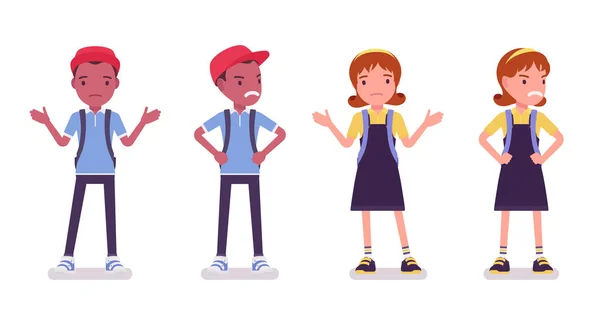 Ecole garçon et fille dans une tenue décontractée perplexe, en colère — Image vectorielle