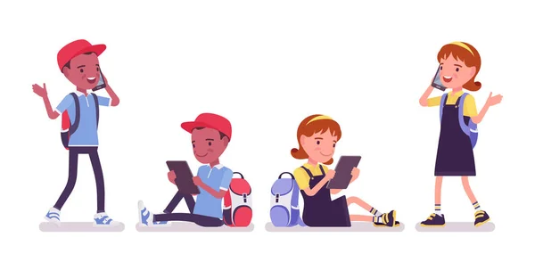 School boy, girl with gadgets, smartphone, tablet — 스톡 벡터