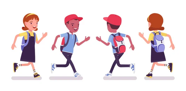 Écolier garçon et fille dans un casual porter courir — Image vectorielle