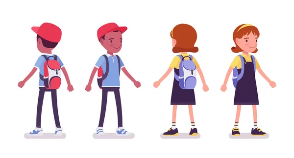 Écolier garçon et fille dans un casual porter debout — Image vectorielle