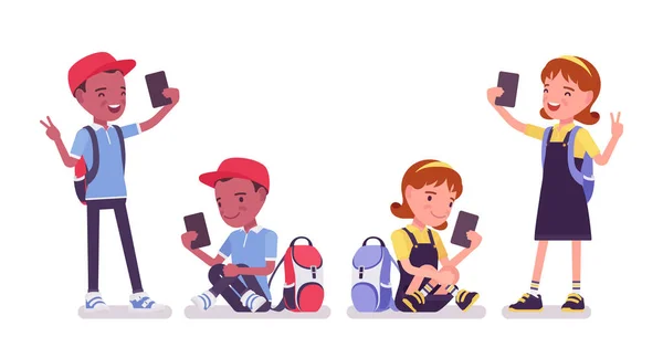 Школьник и девочка с гаджетами, смартфоном — стоковый вектор