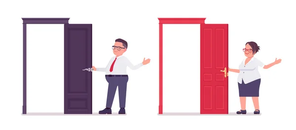 Gruby mężczyzna, urzędnik stojący przy otwartych drzwiach — Wektor stockowy