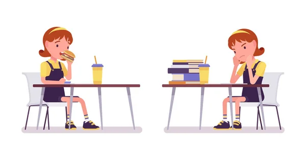 女子高生勉強して机で食べる — ストックベクタ